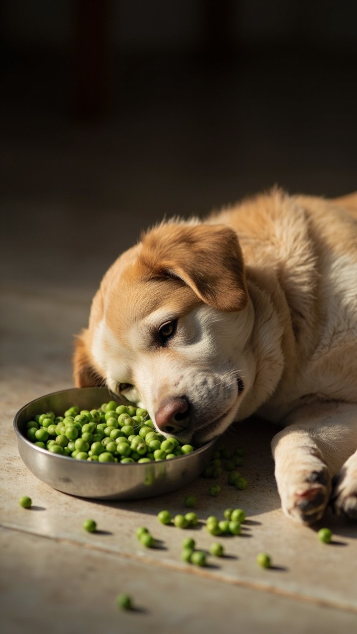 A Weak Dog Resting by Scattered Peas Bowl
