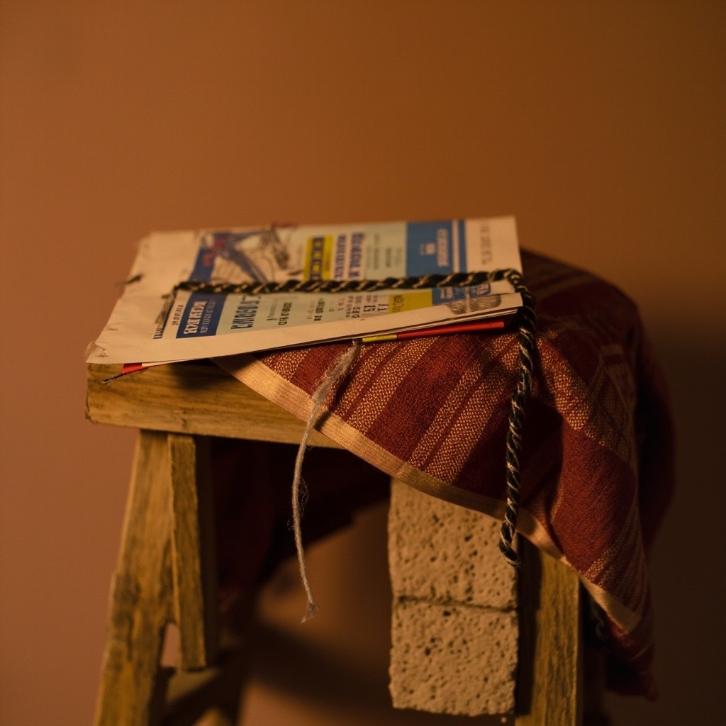 A Weathered Sari, Pamphlet, and Broken Stool Scene