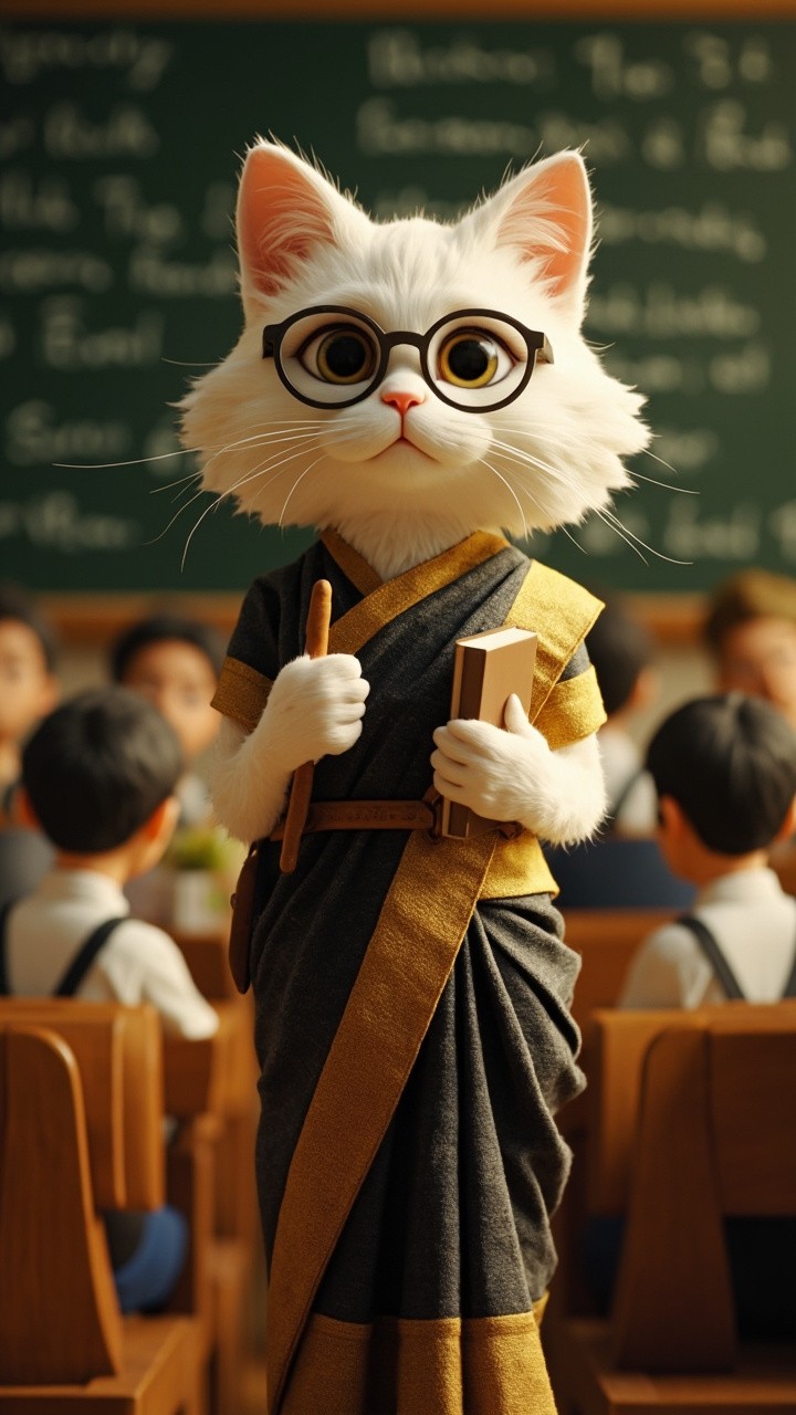 A Whimsical Cat Teacher in a Traditional Classroom
