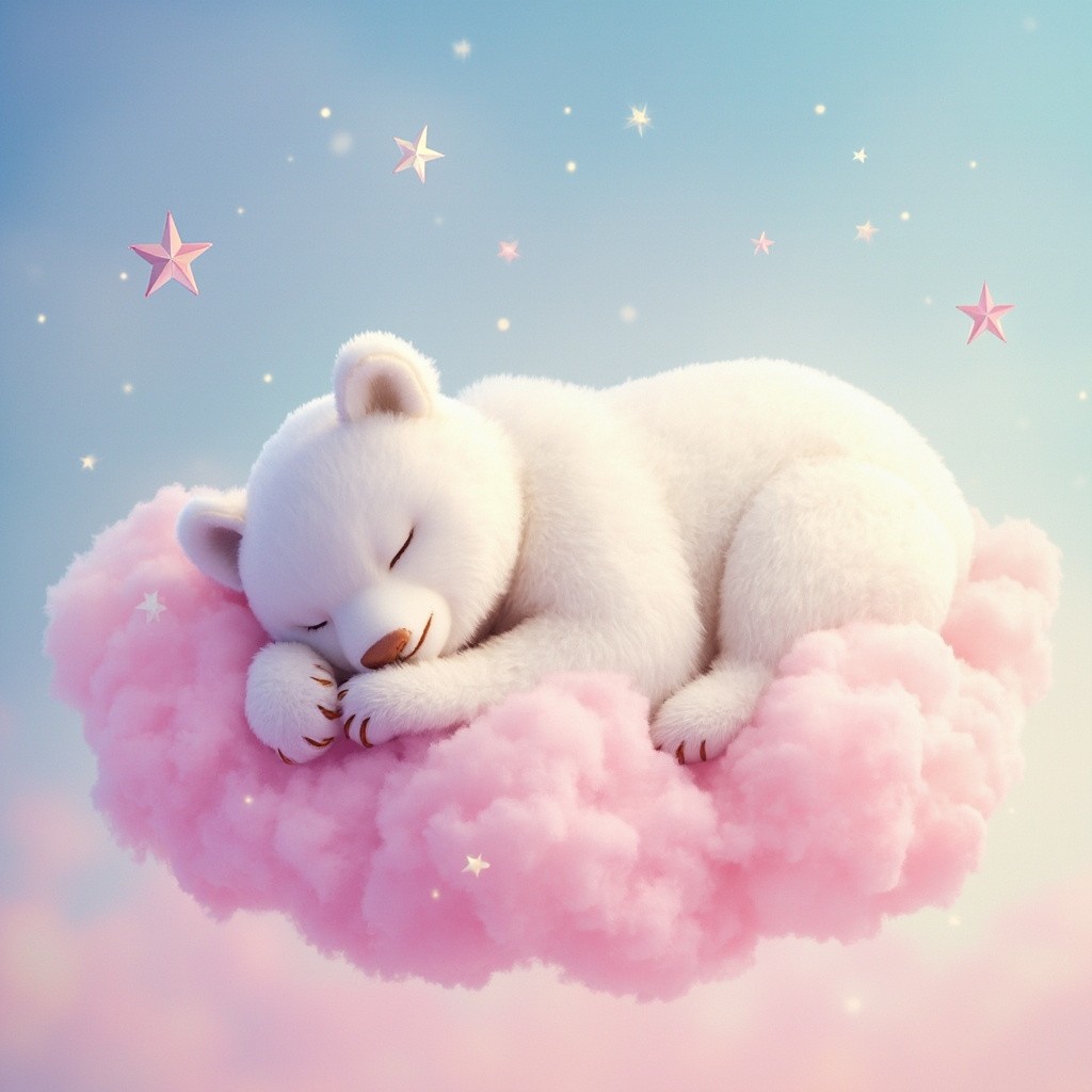 A White Bear Sleeping on a Sparkling Pink Cloud