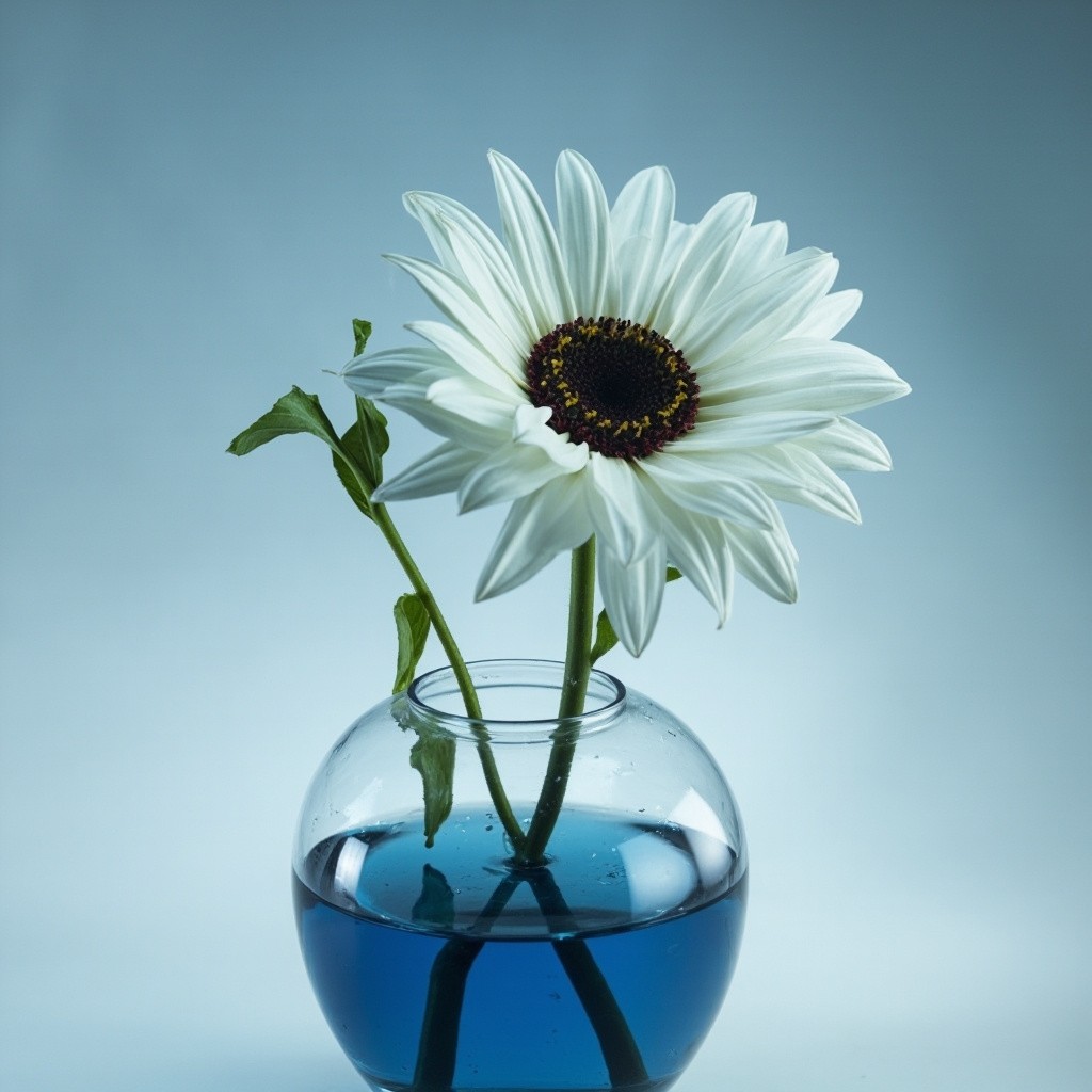 A White Flower Turning Blue in Dark Water