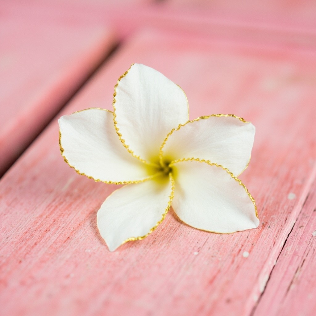 A White Flower with Golden Edges on Pink Table