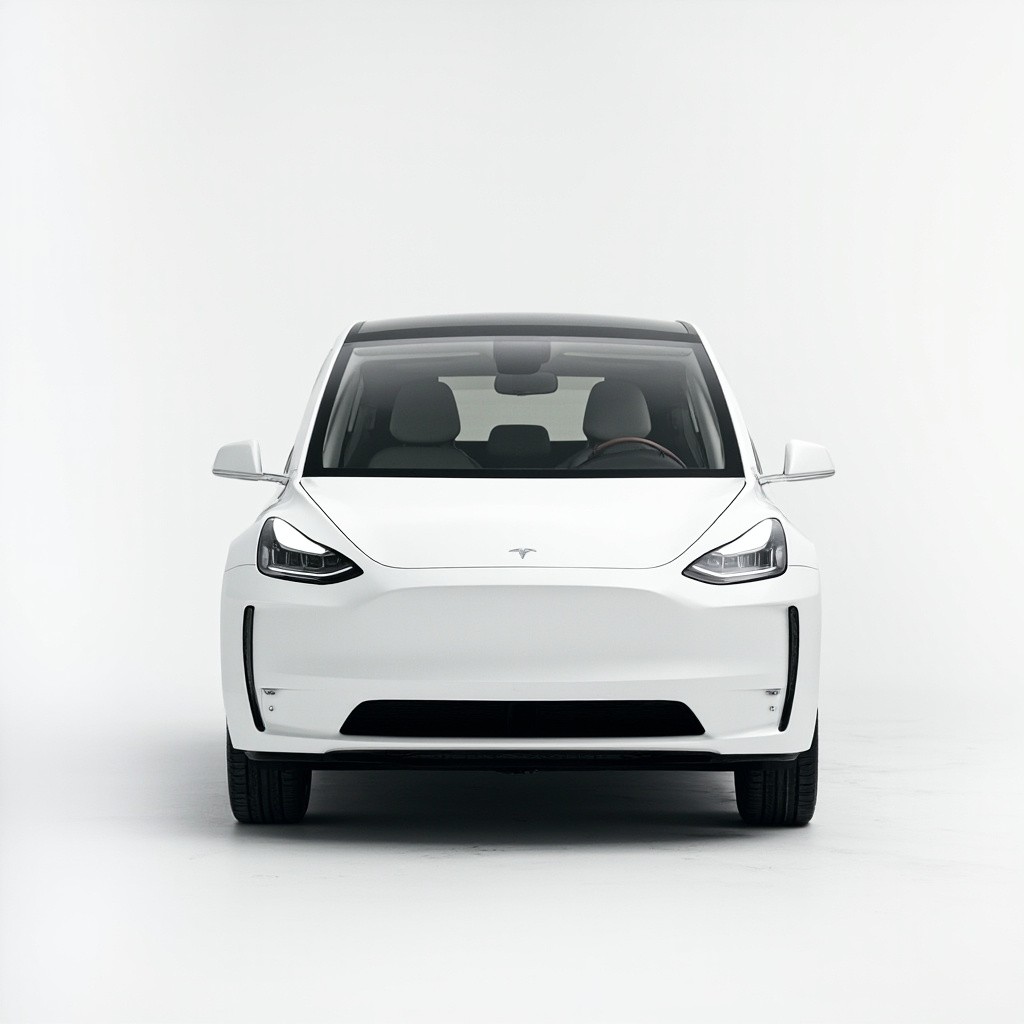 A White Tesla Model Y in Spotless Studio