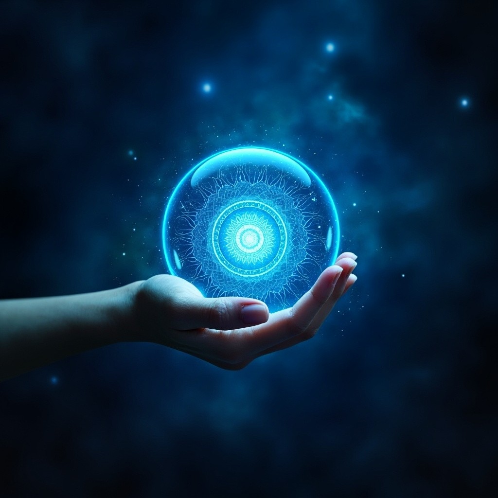 A Woman's Hand Opening Galaxy Sphere on Dark-Blue
