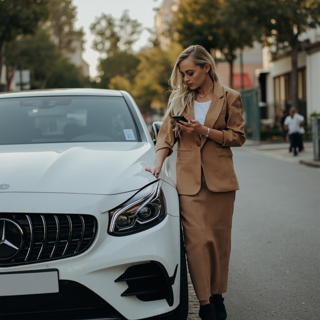 A Woman Beside her Mercedes-Benz Using Phone
