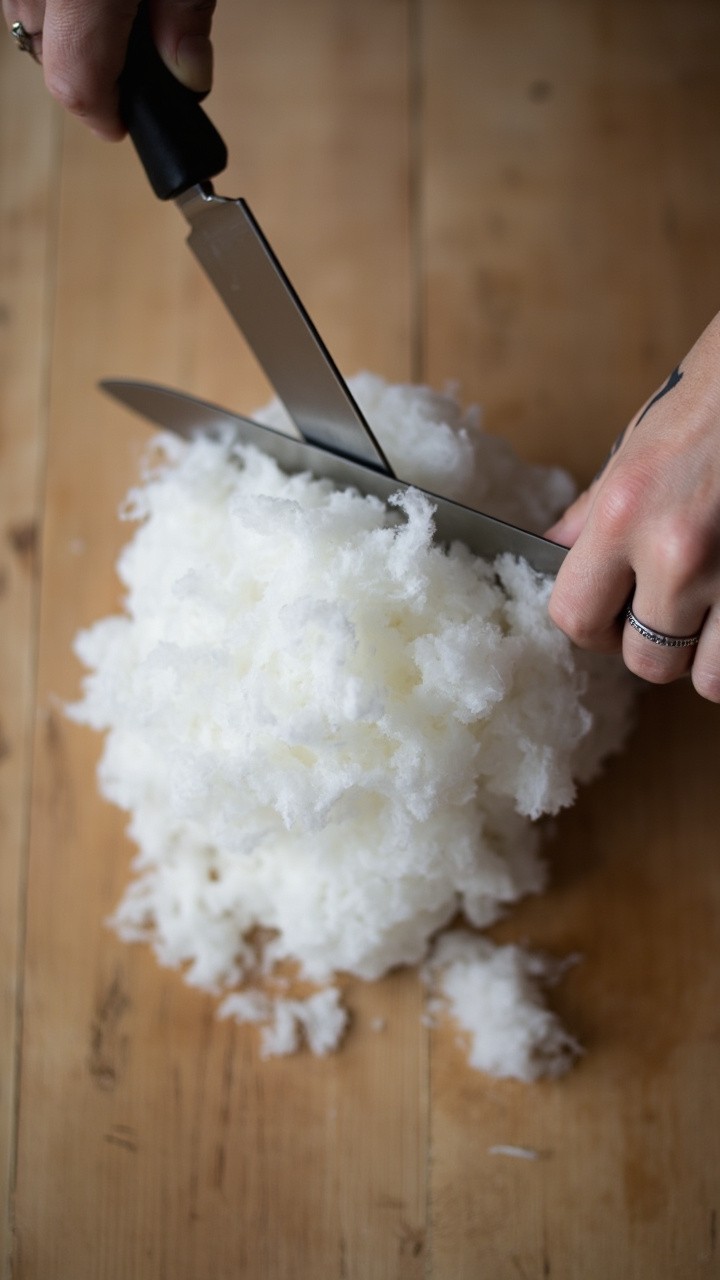 A Woman Cutting a Fluffy Cloud on Wood