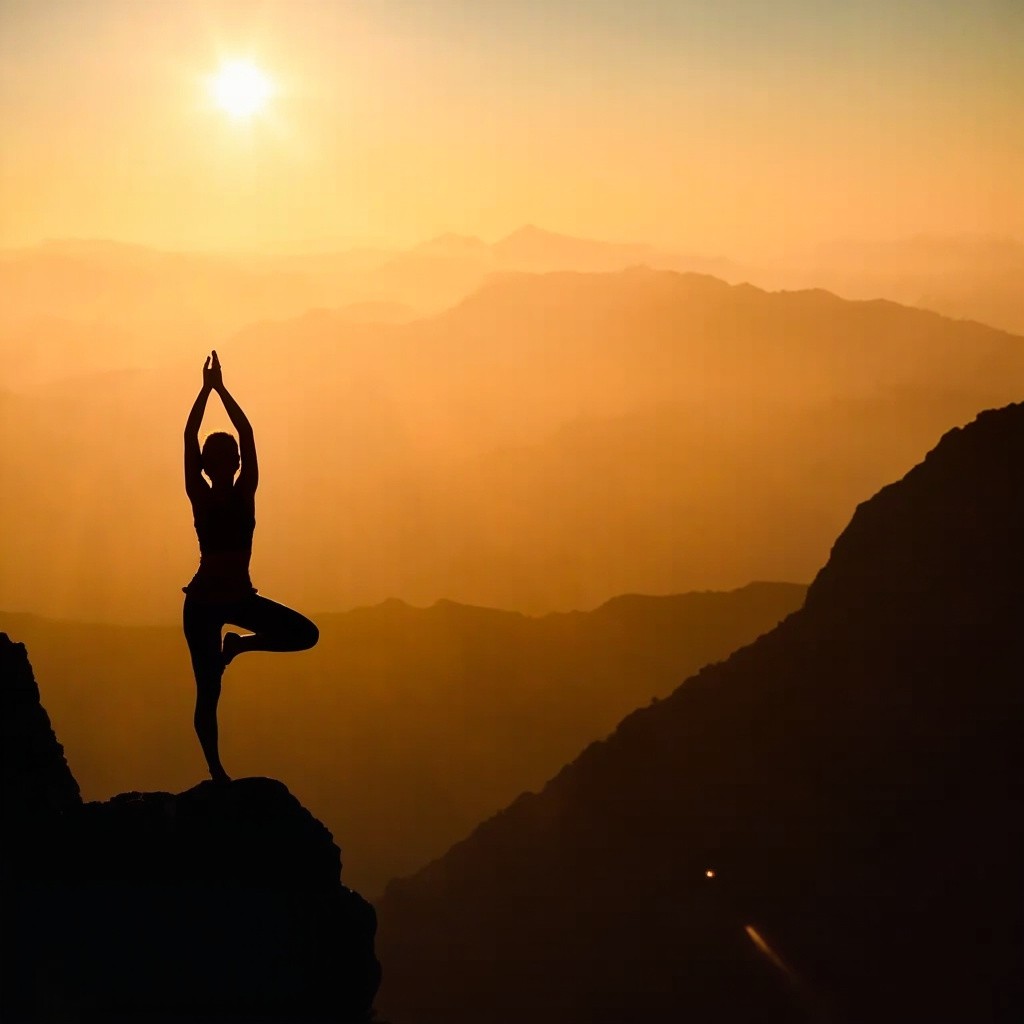 A Woman Doing Sunrise Yoga on Mountain Cliff