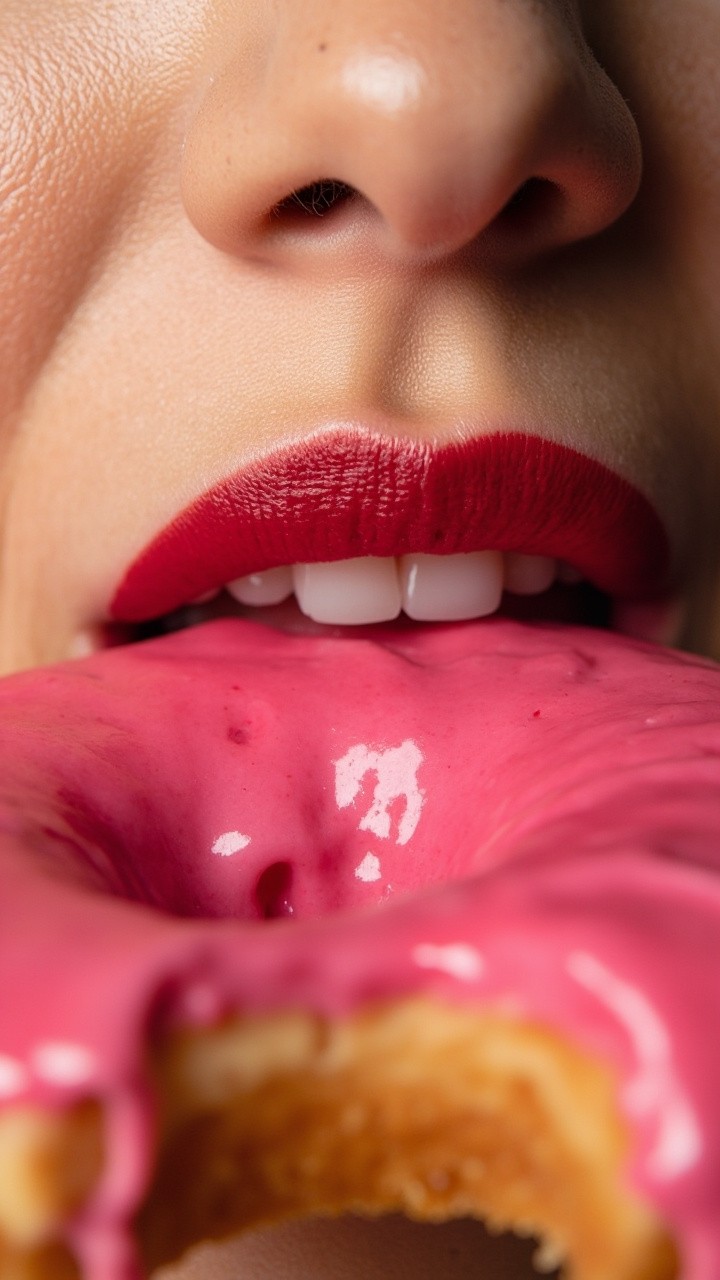 A Woman Enjoying a Pink Frosted Donut