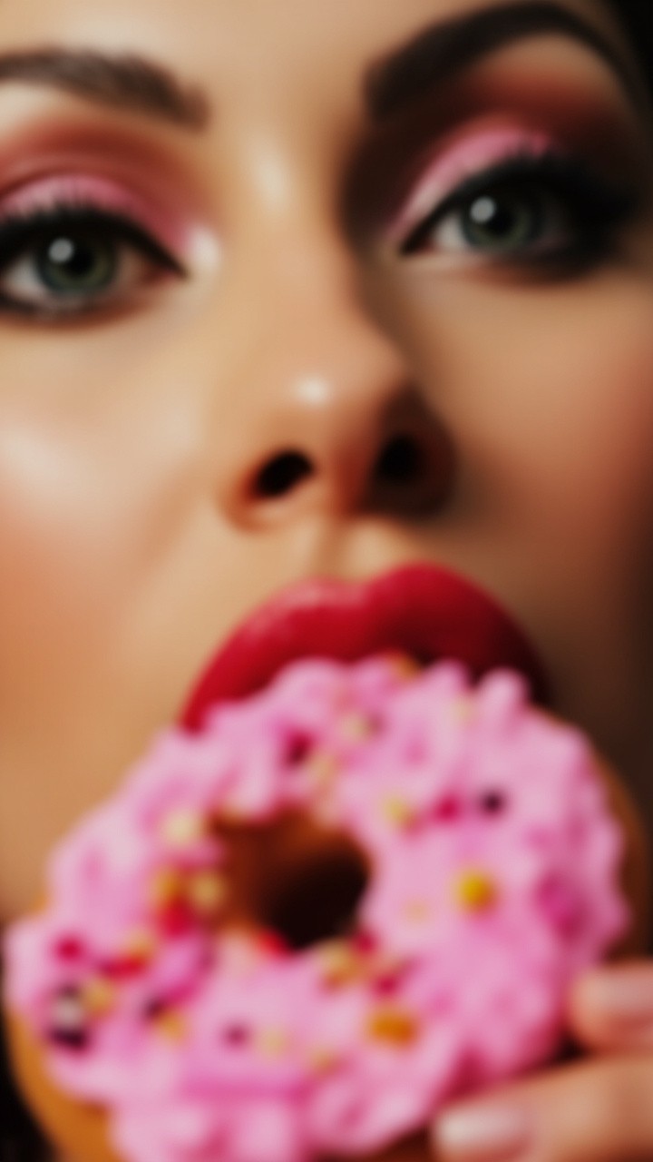 A Woman Enjoying a Pink-glazed Donut