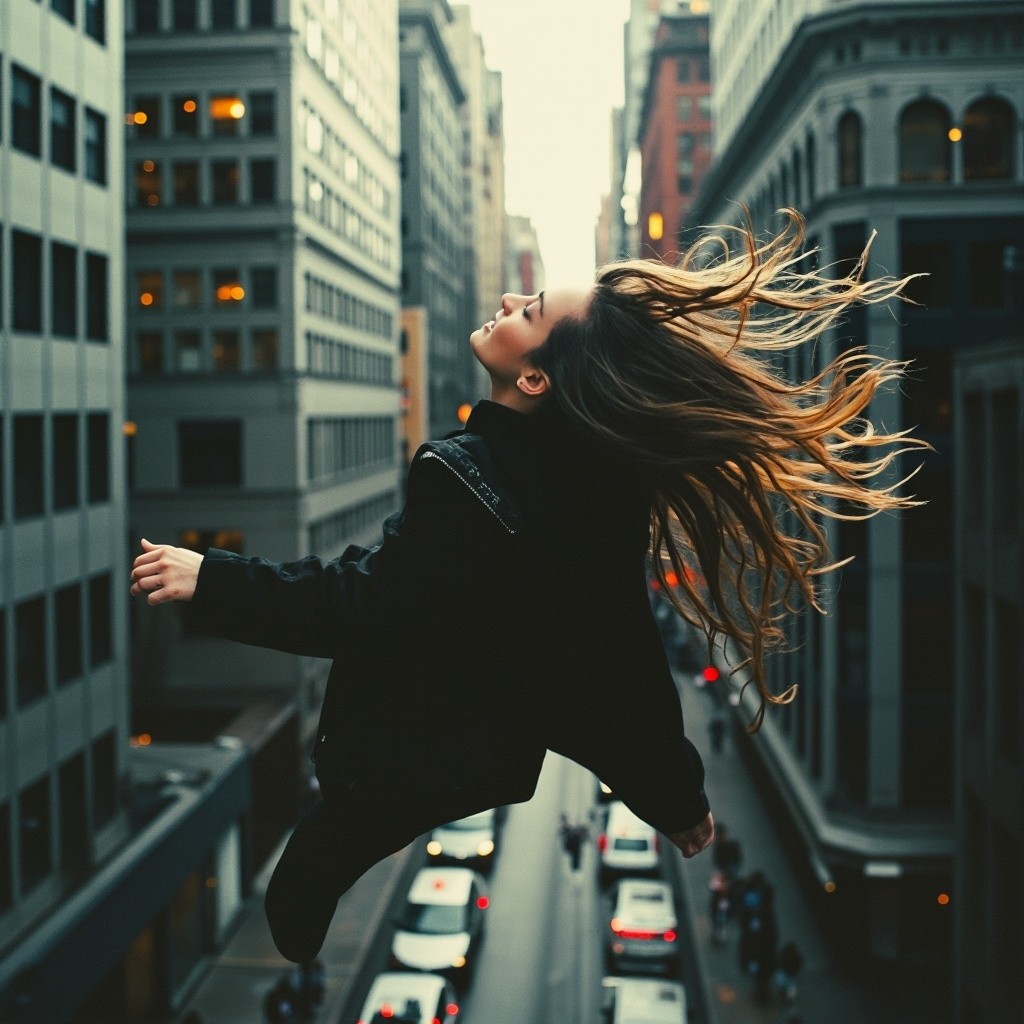 A Woman Floating Over New York City