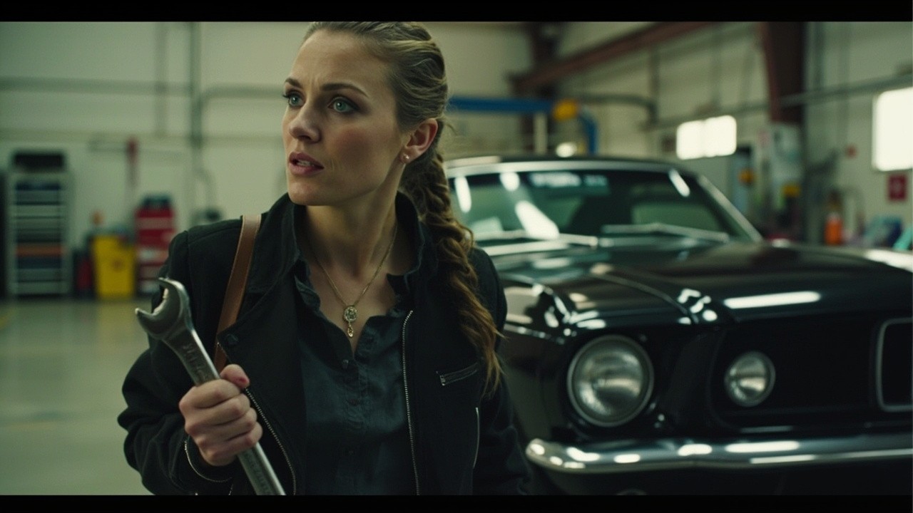 A Woman Mechanic Approaches a Mustang with Wrench