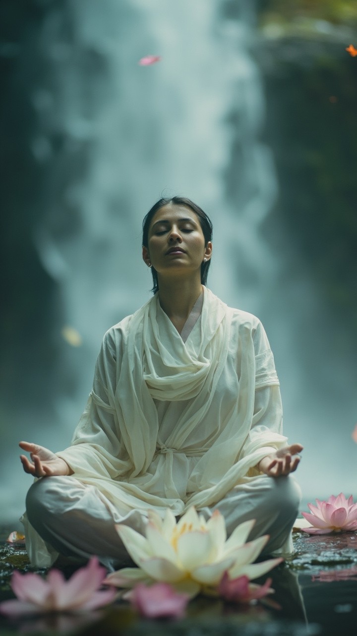 A Woman Meditating Near Waterfall Among Lotus Petals