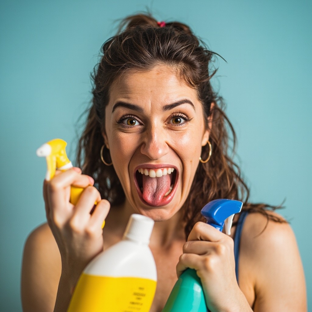A Woman Playfully Grimacing with Cleaning Products