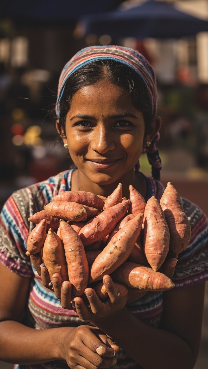 A Woman Selling Sweet Potatoes in Market