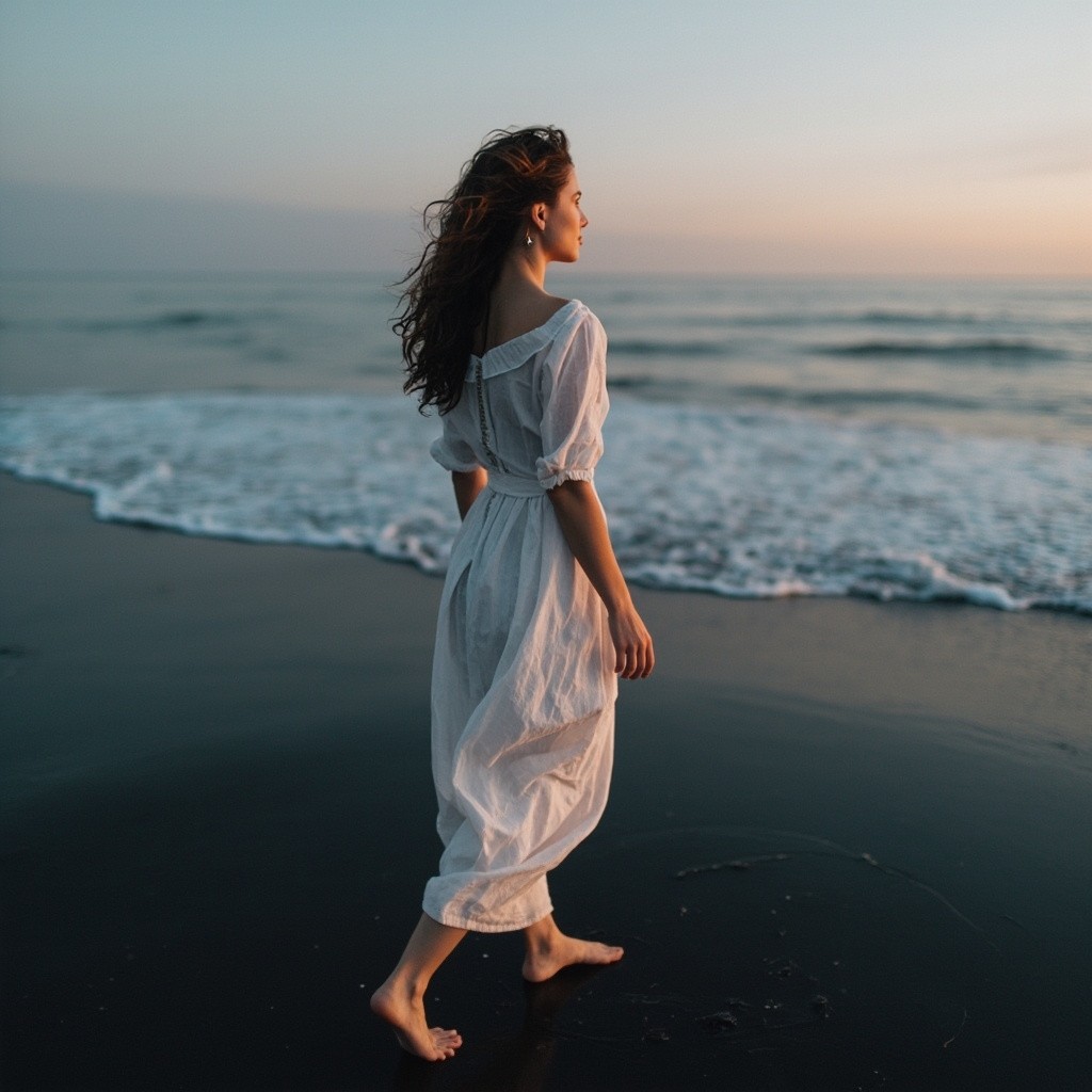A Woman Strolling on Black Sand Beach at Twilight