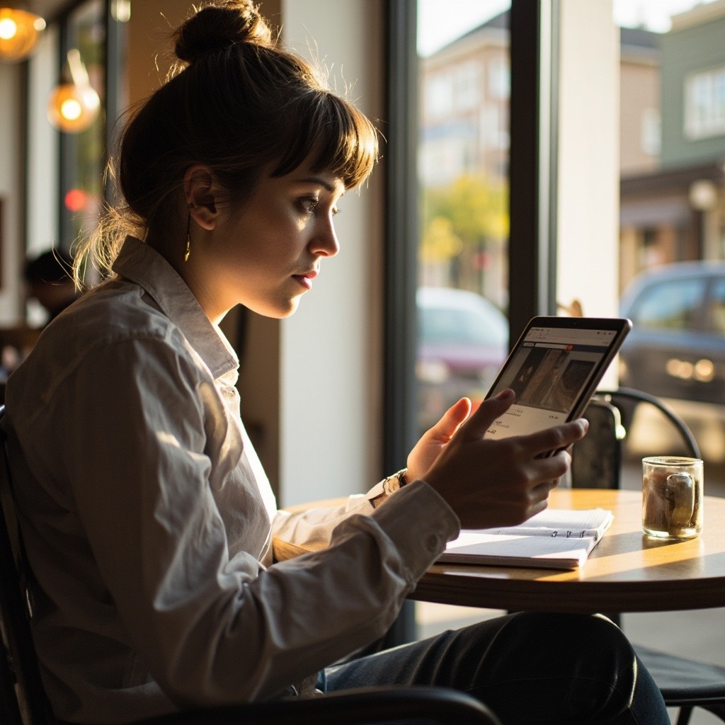 A Woman Studying Online in a Sunny Café