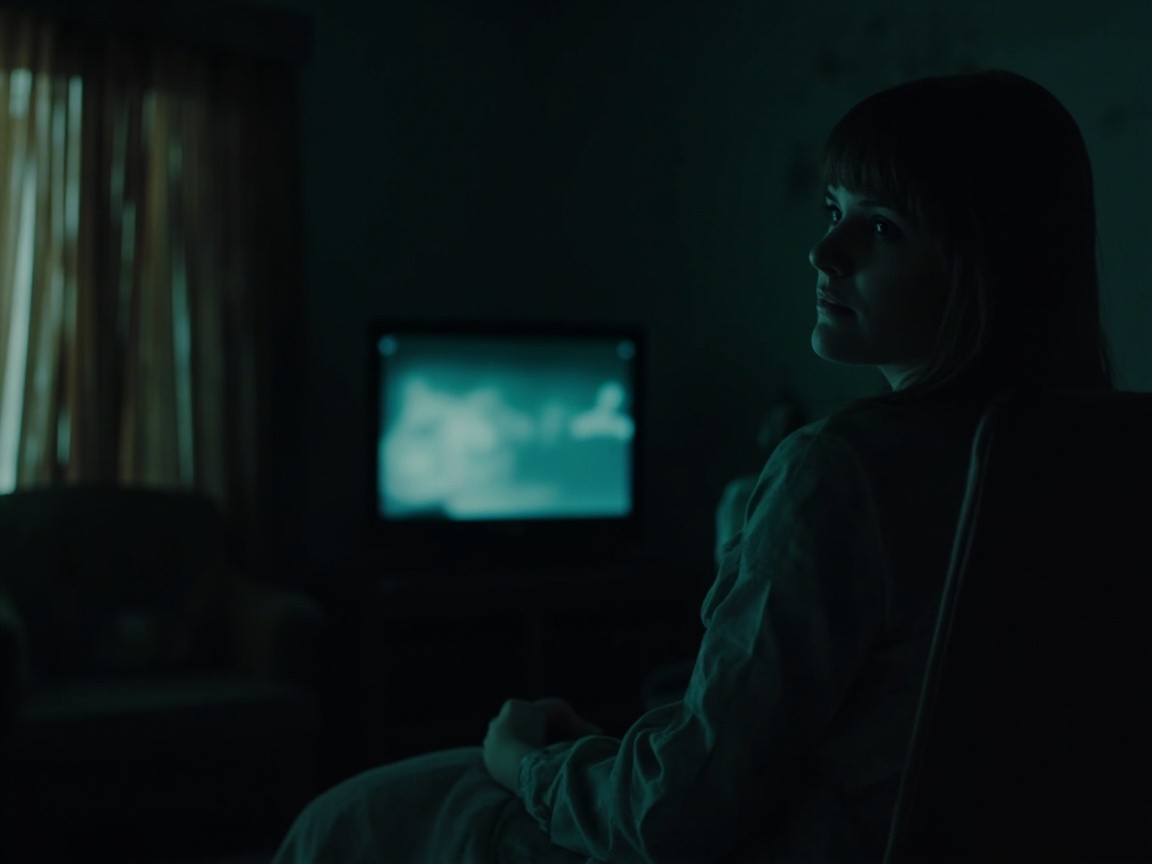A Woman Watching Fuzzed TV in Dark Motel