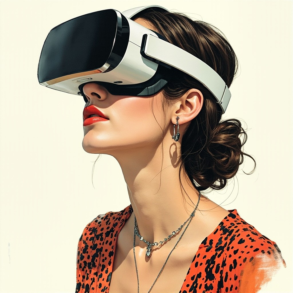 A Woman Wearing Virtual Reality Glasses Fashionably