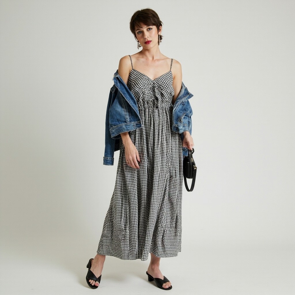A Woman in Gingham Dress with Denim Jacket