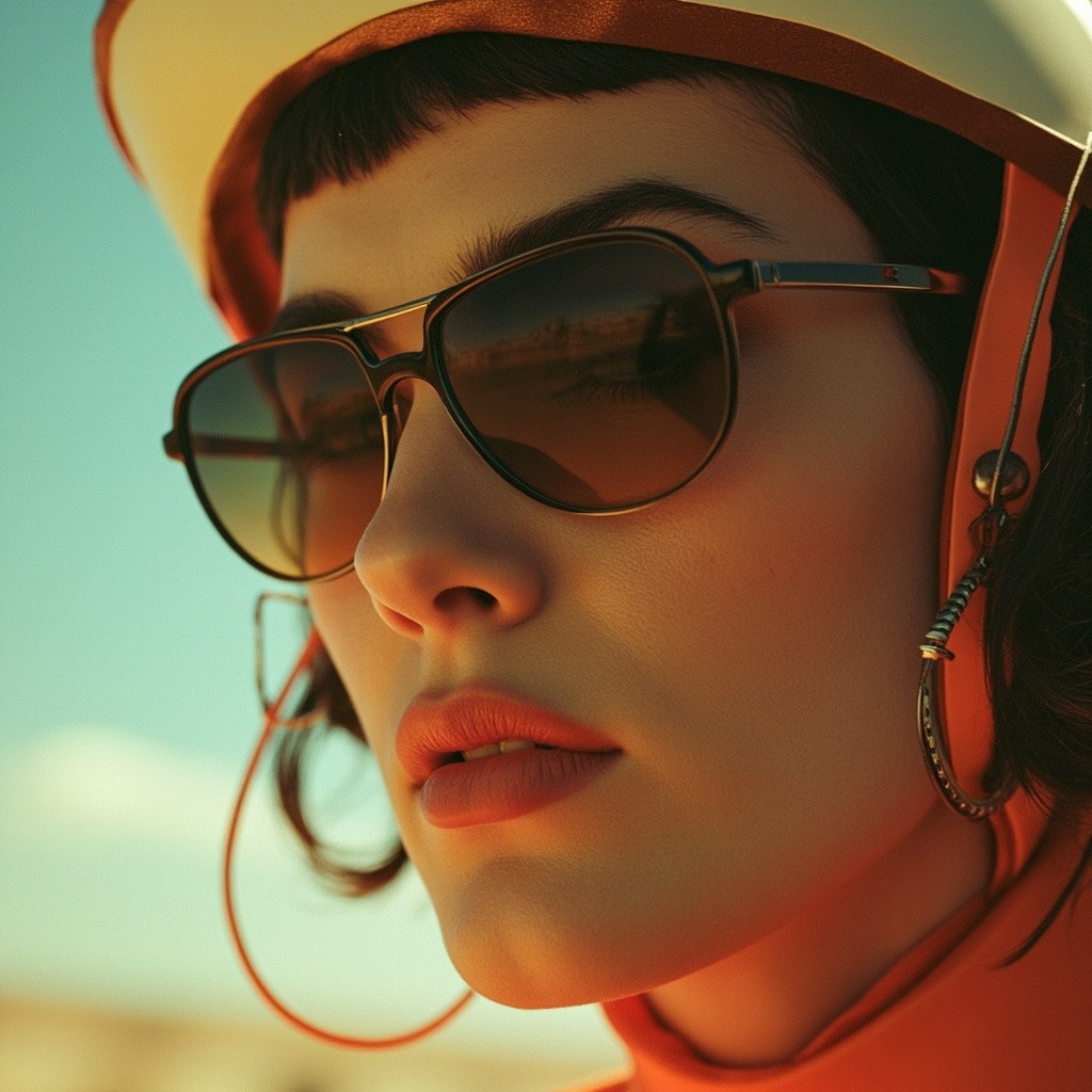 A Woman in Stylish Future Attire Reflecting Universe