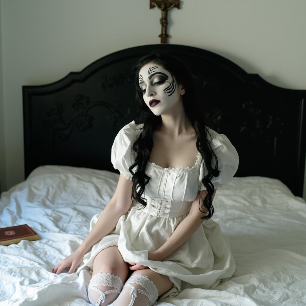 A Woman in Vintage Dress in Simple Bedroom
