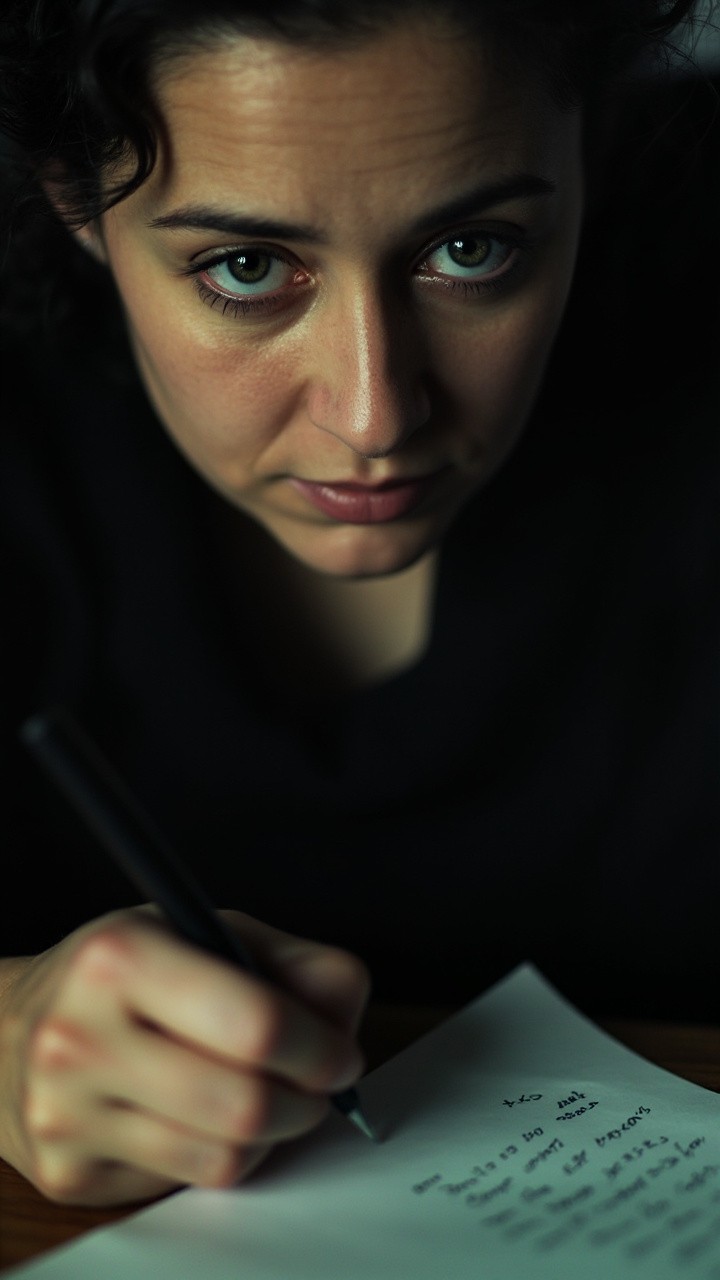 A Woman with Grey Eyes Writing a Tearful Letter