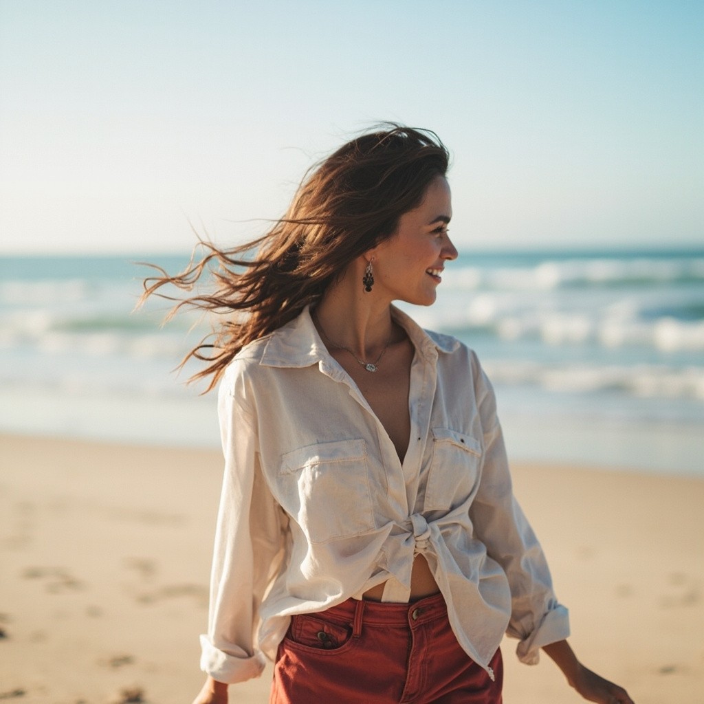 A Woman with Long Hair Walking on Beach