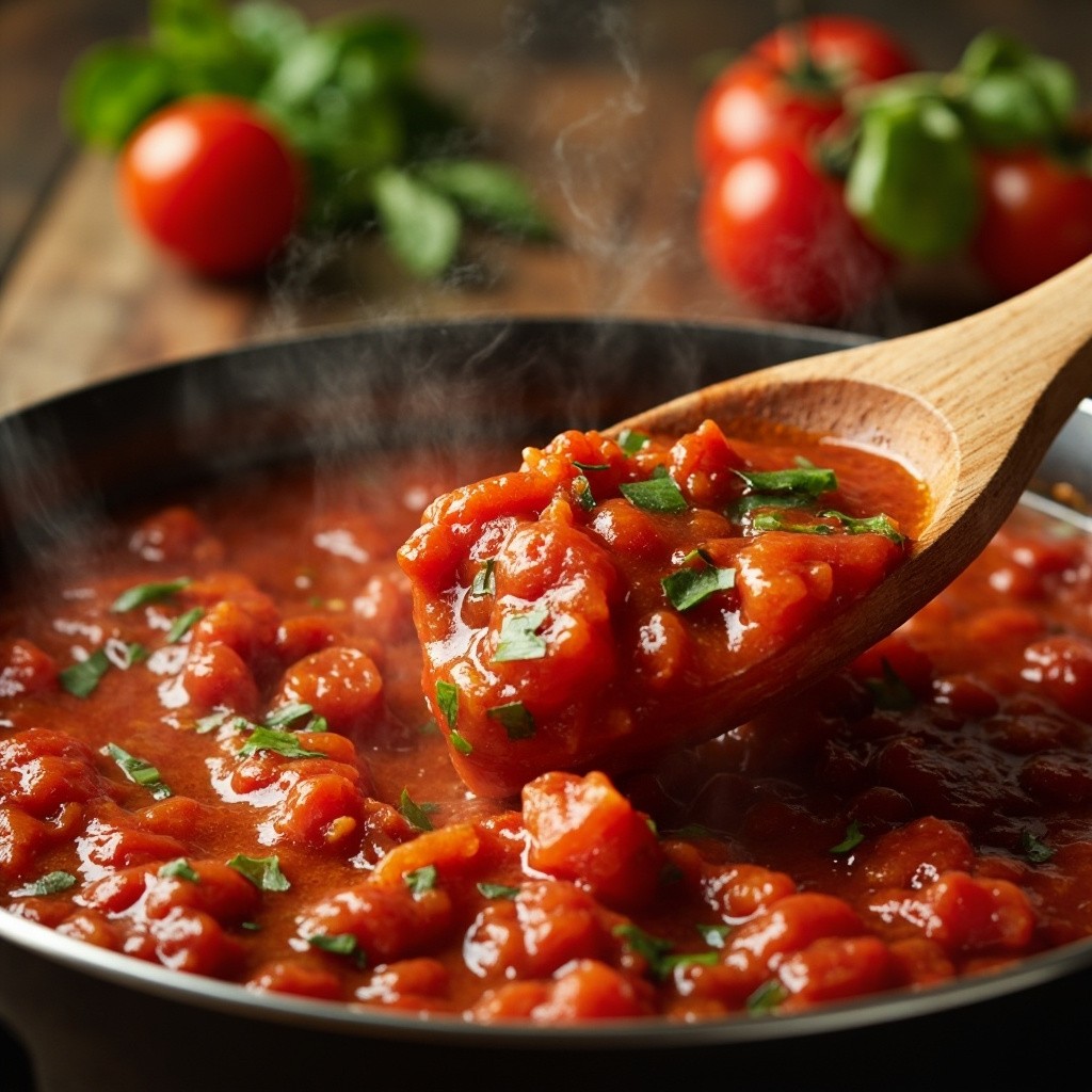 A Wooden Spoon Stirring Fresh Tomato Sauce