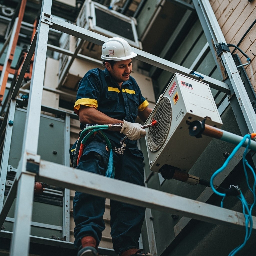 A Worker Services an Industrial Air Conditioner