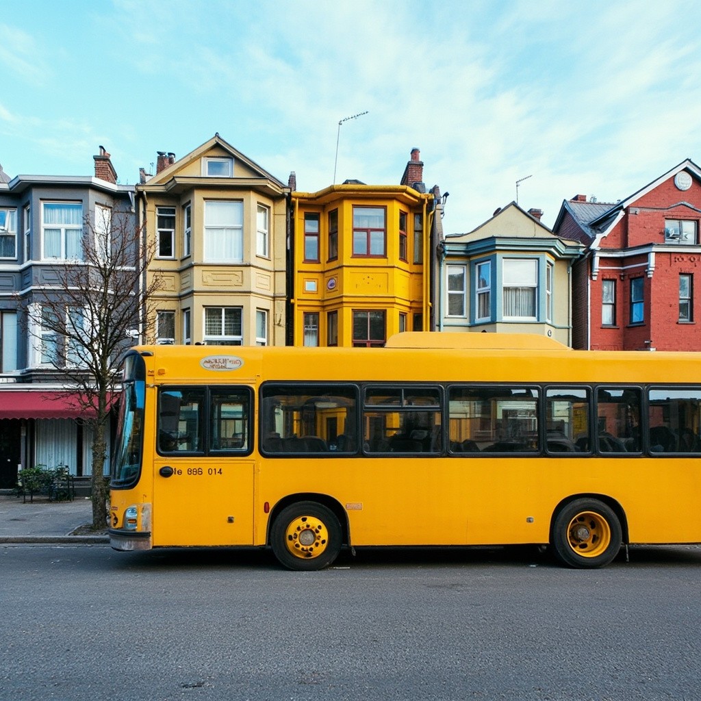 A Yellow Bus Driving Past Colorful Houses