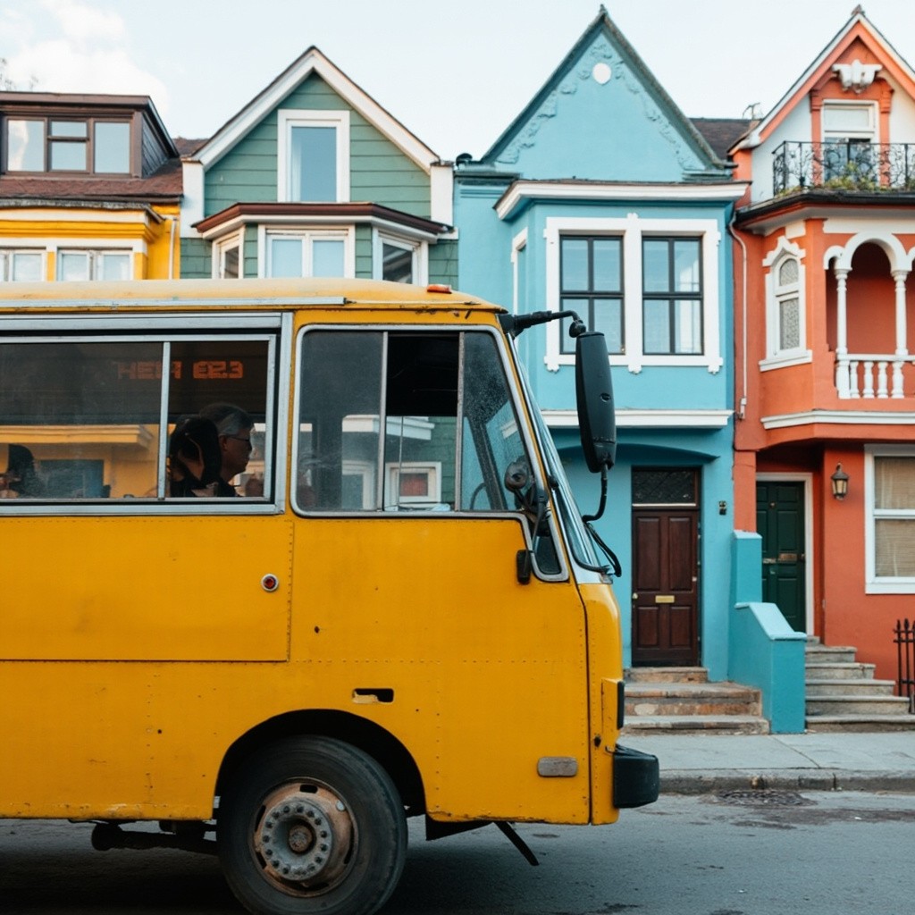 A Yellow Bus Passing Colorful Houses Video