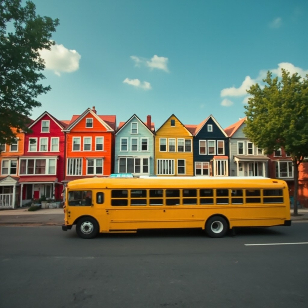 A Yellow Bus Passing Colorful Houses Video