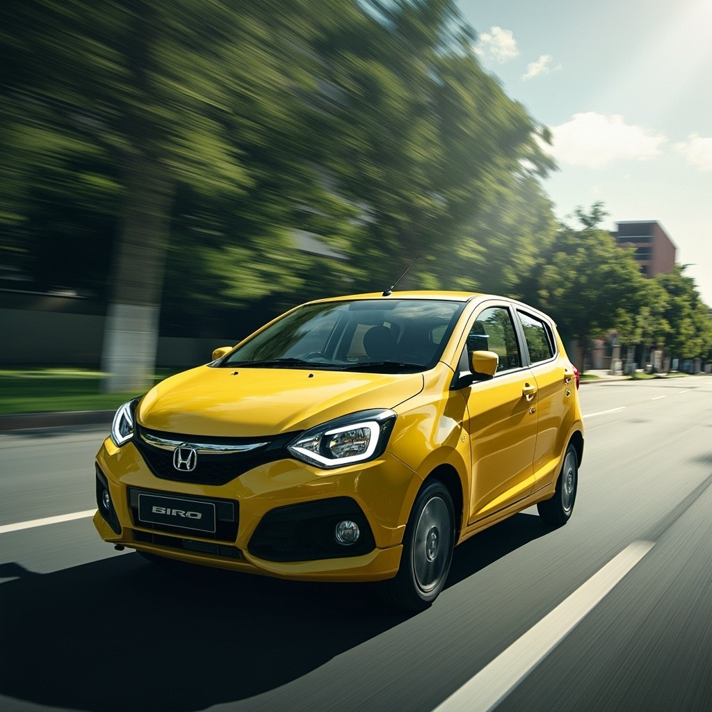A Yellow Honda Brio Driving