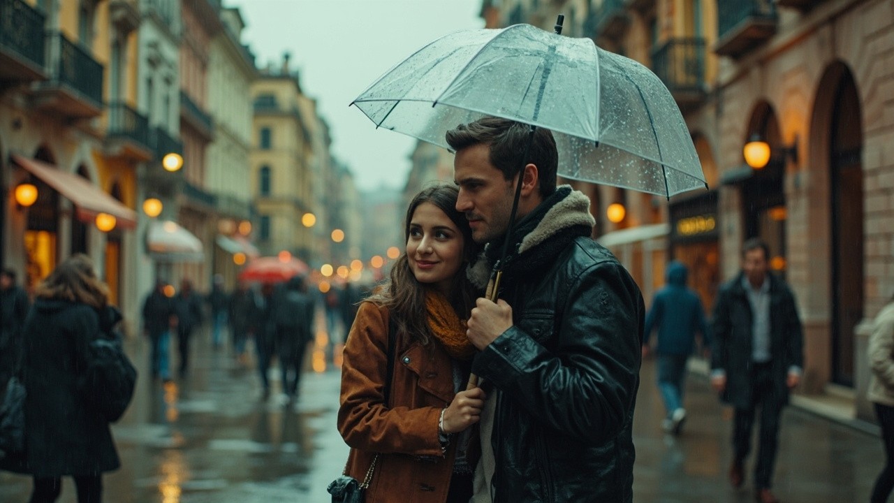 A Young Couple Holding an Umbrella in Rain