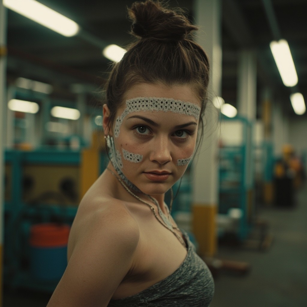 A Young Girl with Tube in Factory