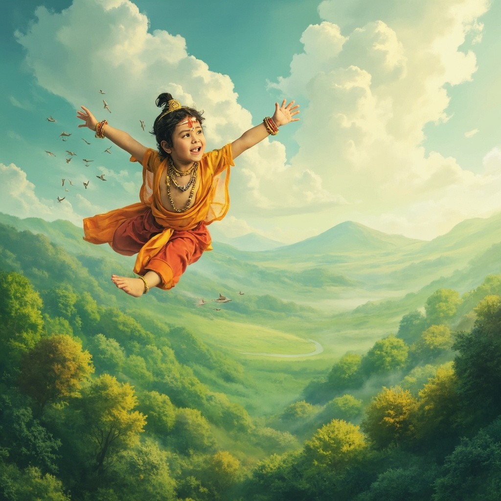 A Young Hanuman Flying Over Green Hills