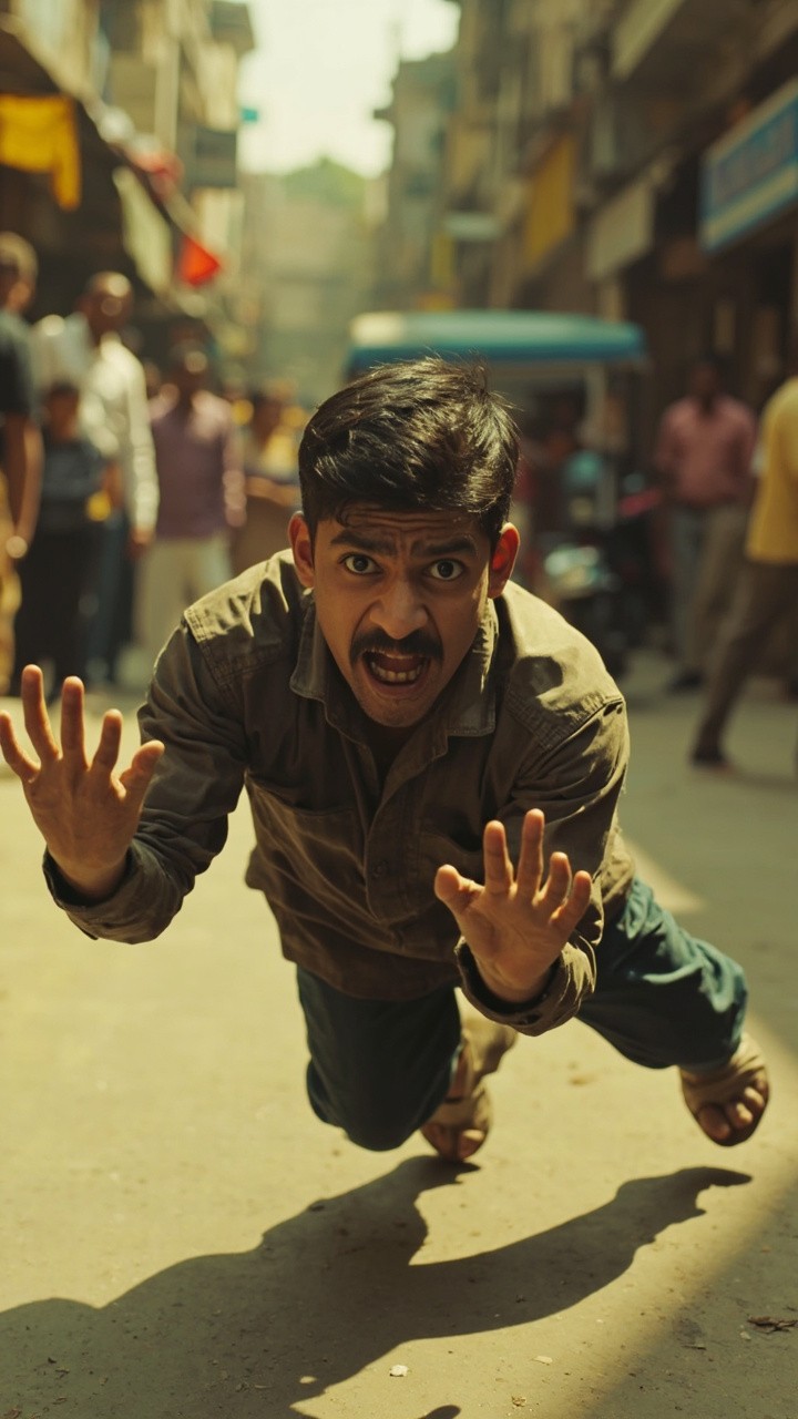A Young Indian Man Falling on Busy Street