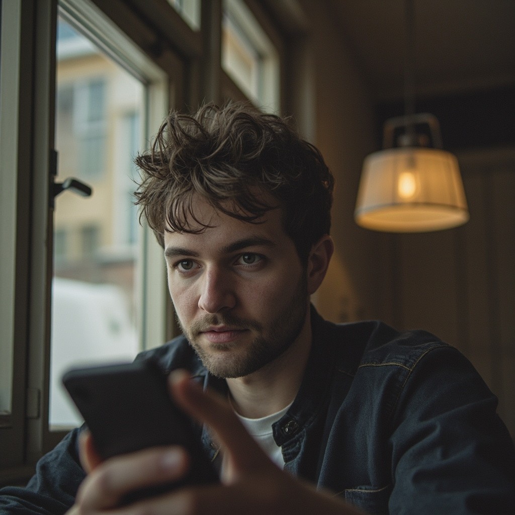 A Young Man Engrossed in his Smartphone