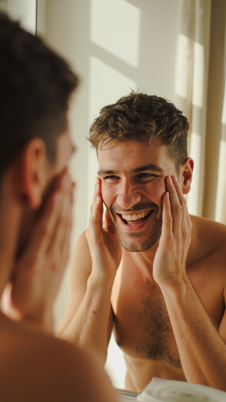 A Young Man Enjoying Morning Skincare Routine