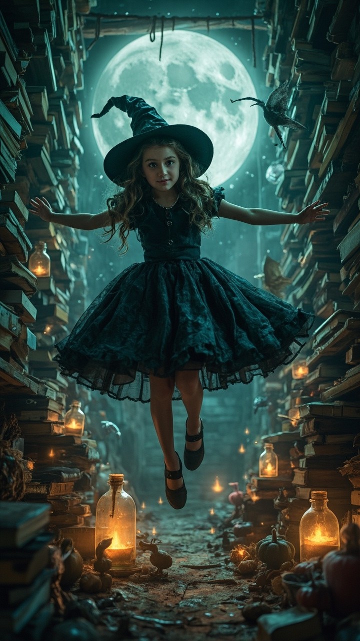 A Young Witch Levitating in Her Magical Attic