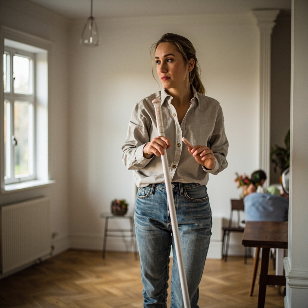 A Young Woman Cleans a Large House