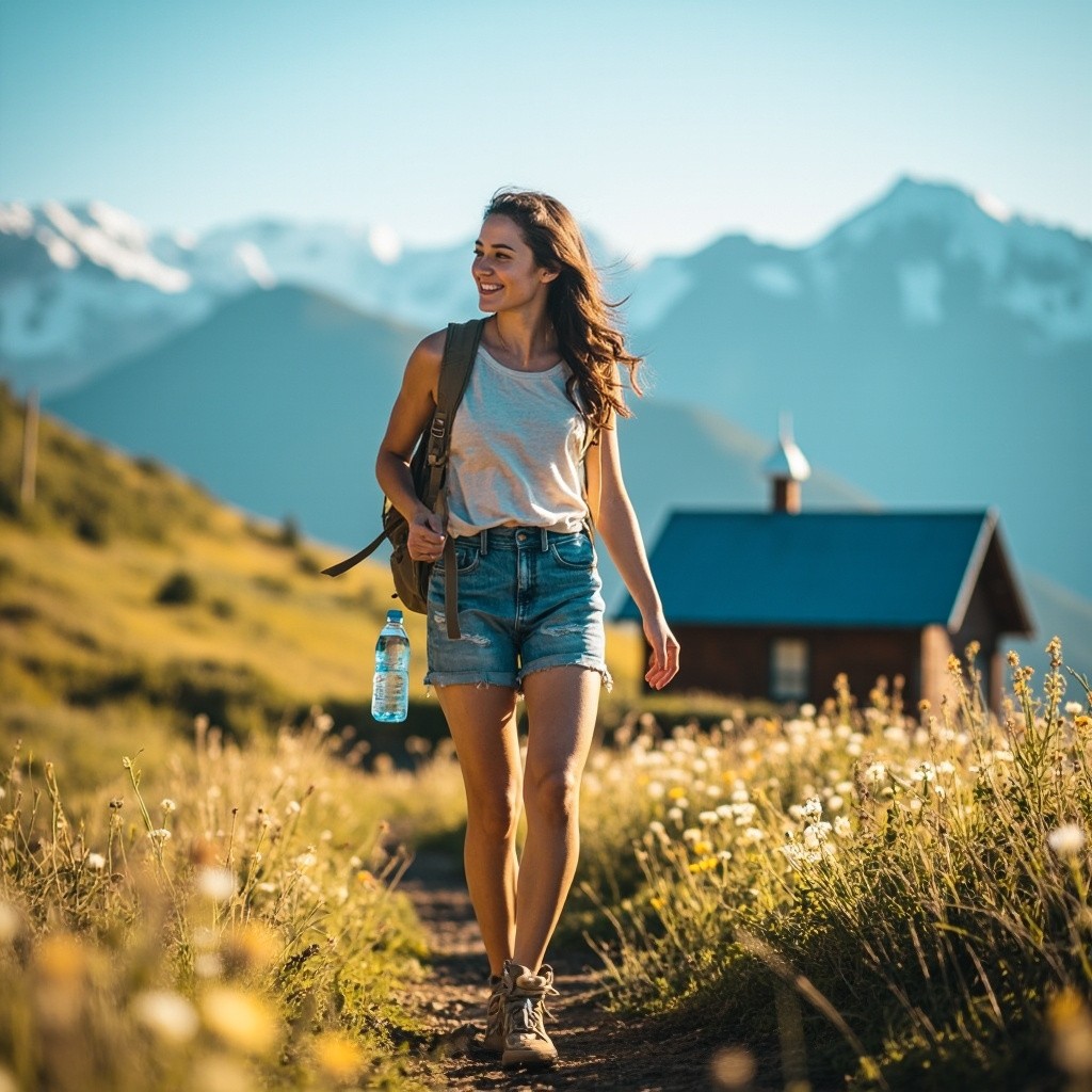 A Young Woman Hiking on a Sunny Mountain Trail