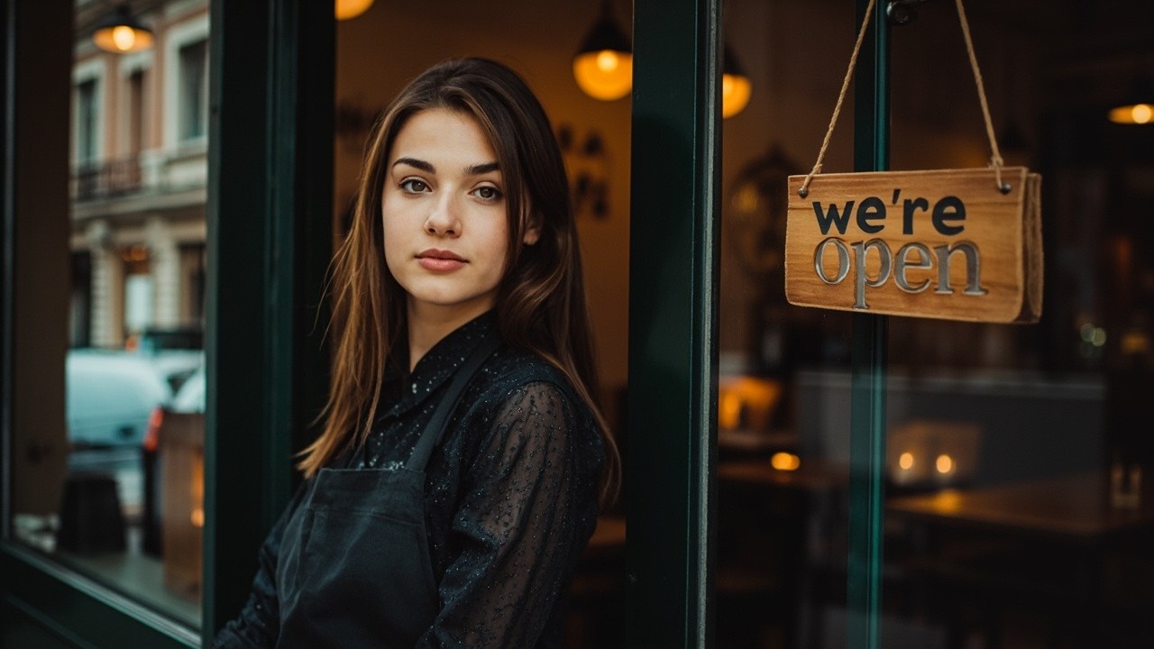 A Young Woman Welcoming Patrons at a Café