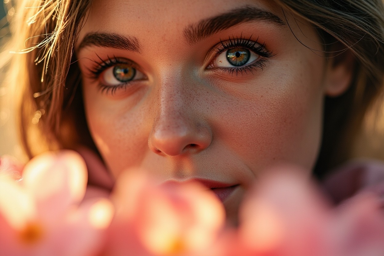 A Young Woman with Blue Eyes Among Petals