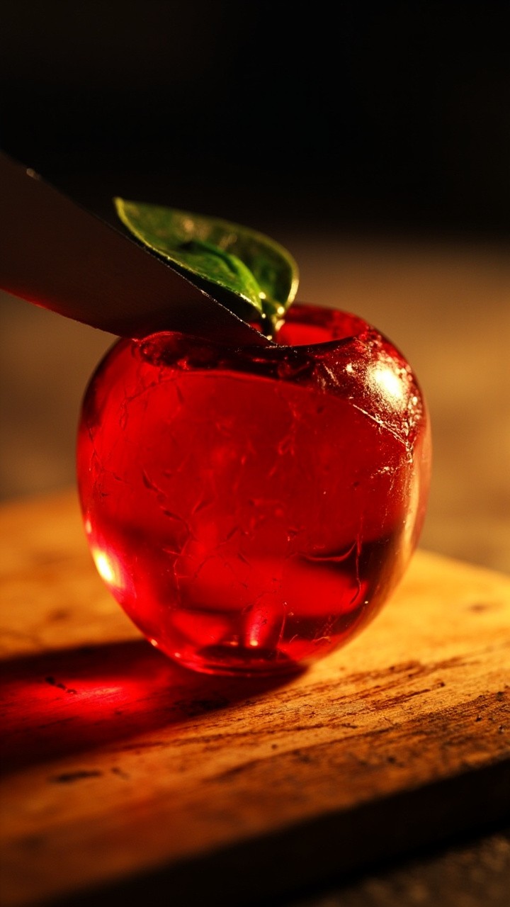 A glossy red glass apple being carefully sliced
