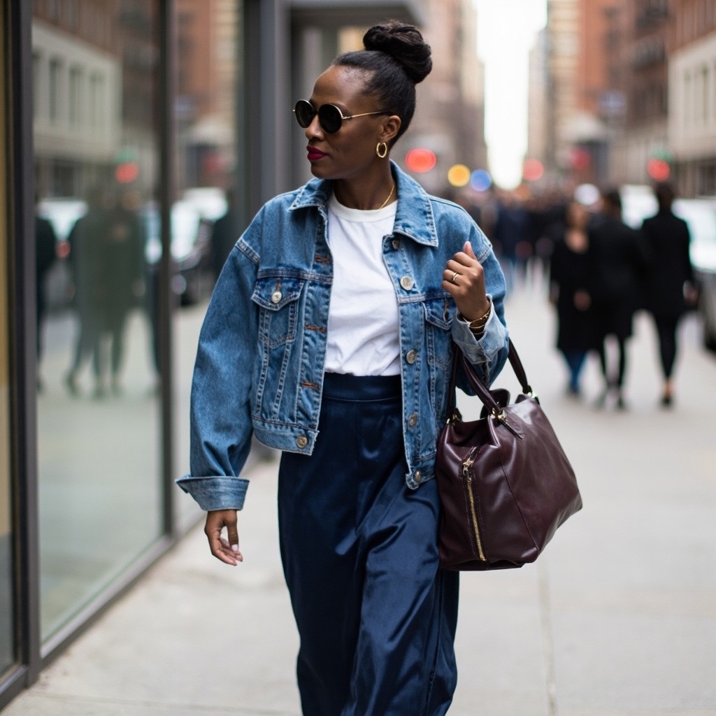 A mature influencer strolling the city in style