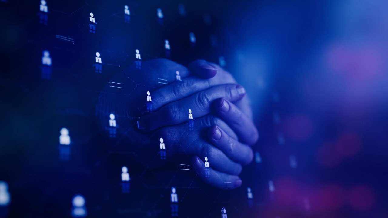 Abstract Security Icons Forming Handshake on Gradient