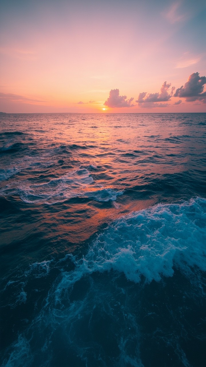 Aerial View of Ocean under Pinkish-Orange Evening Sky