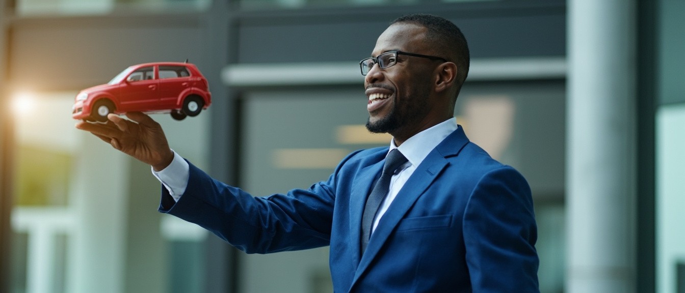 African Businessman Holding Red Car Model