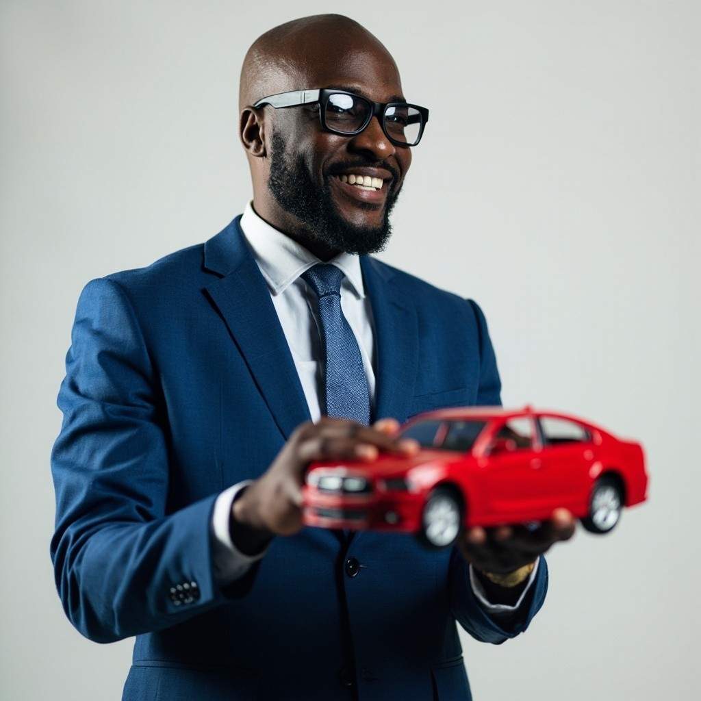 African Businessman in Blue Suit Holding a Red Car